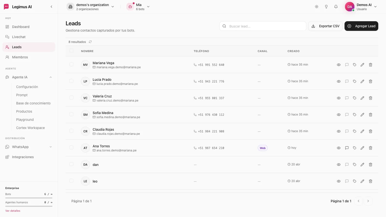 Pantalla de leads de Legimus con clientes capturados desde las conversaciones