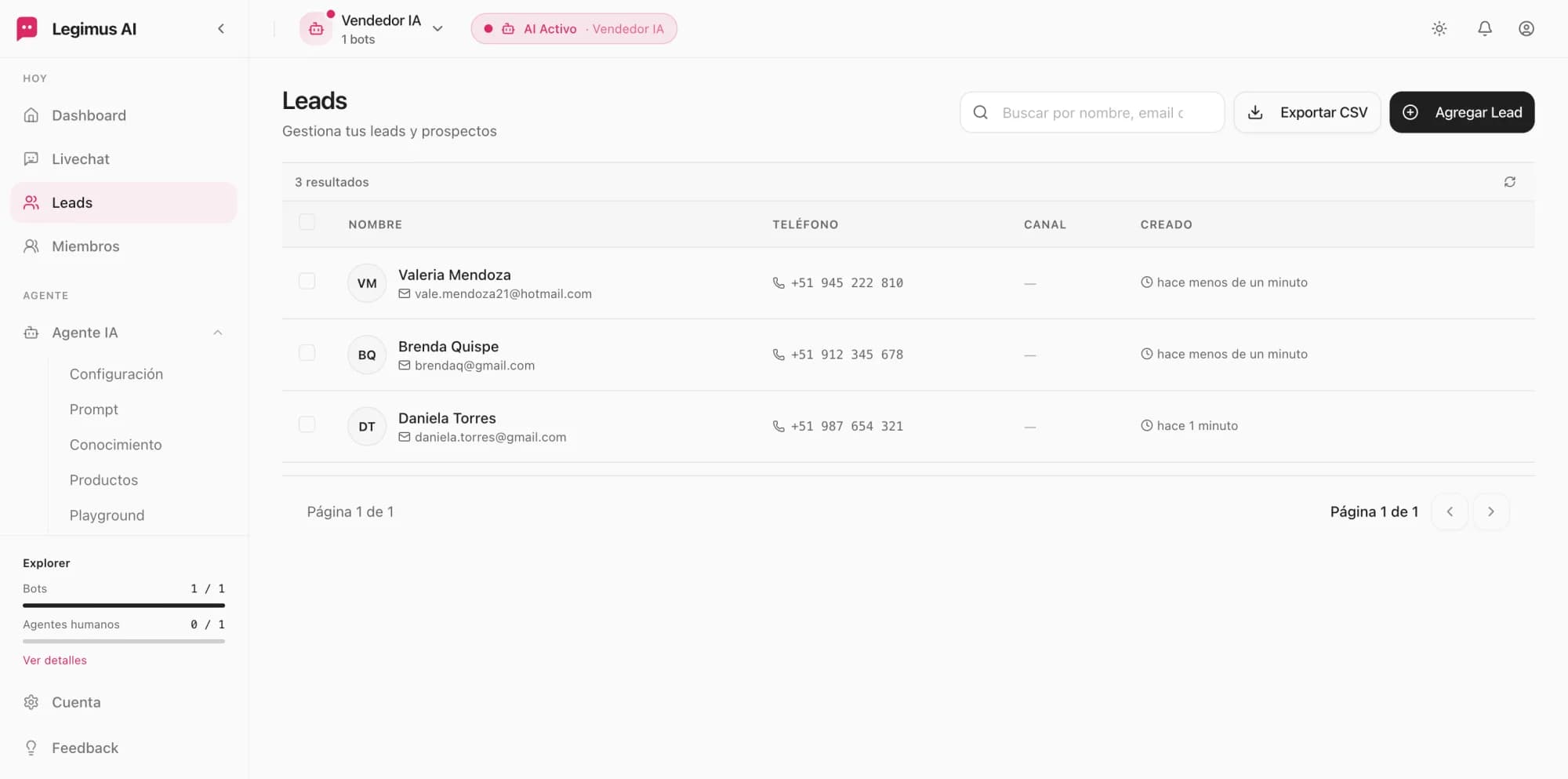 Pantalla de leads de Legimus con clientes capturados desde las conversaciones