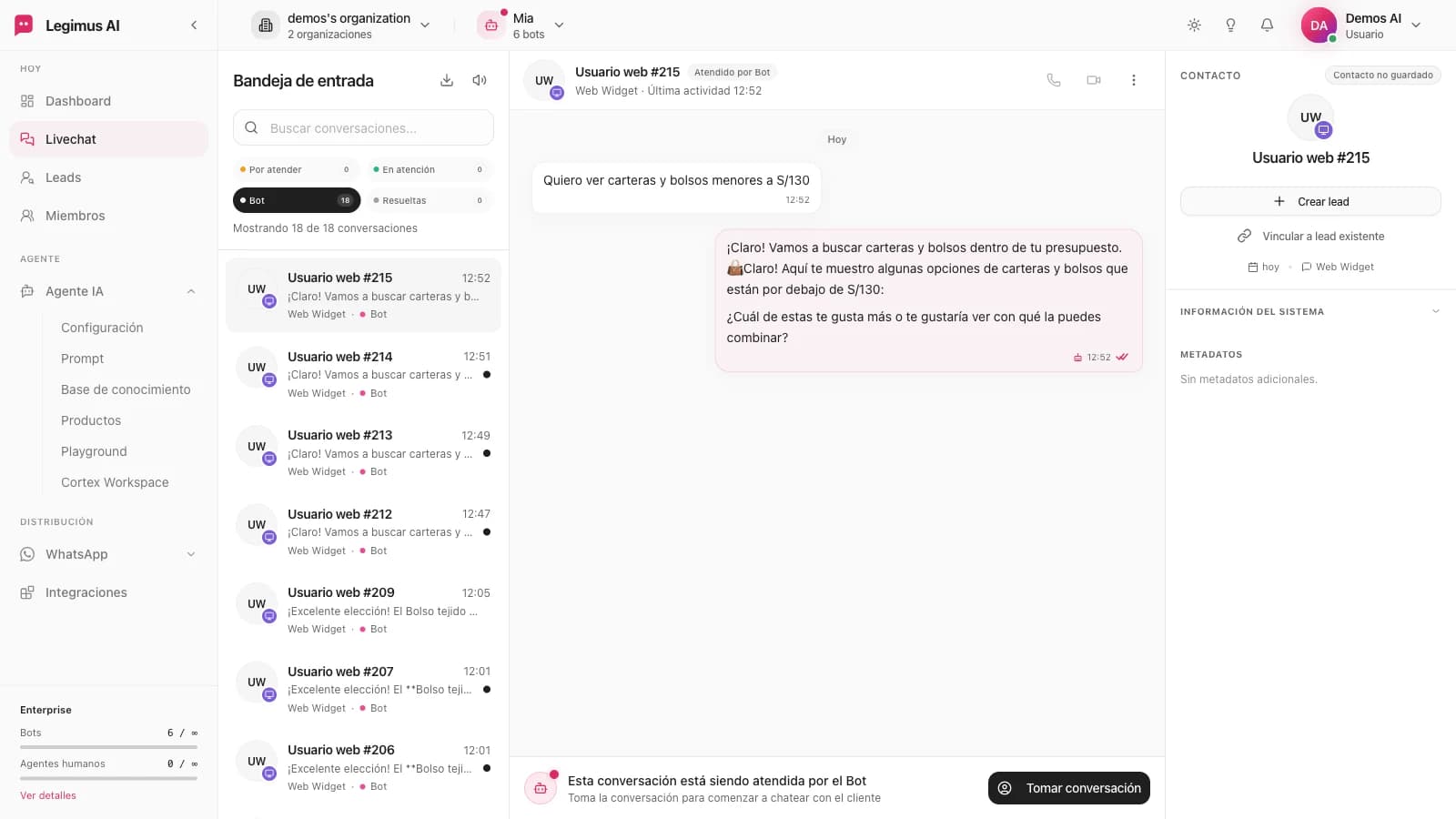 Bandeja de entrada unificada de Legimus con conversaciones atendidas por el empleado digital