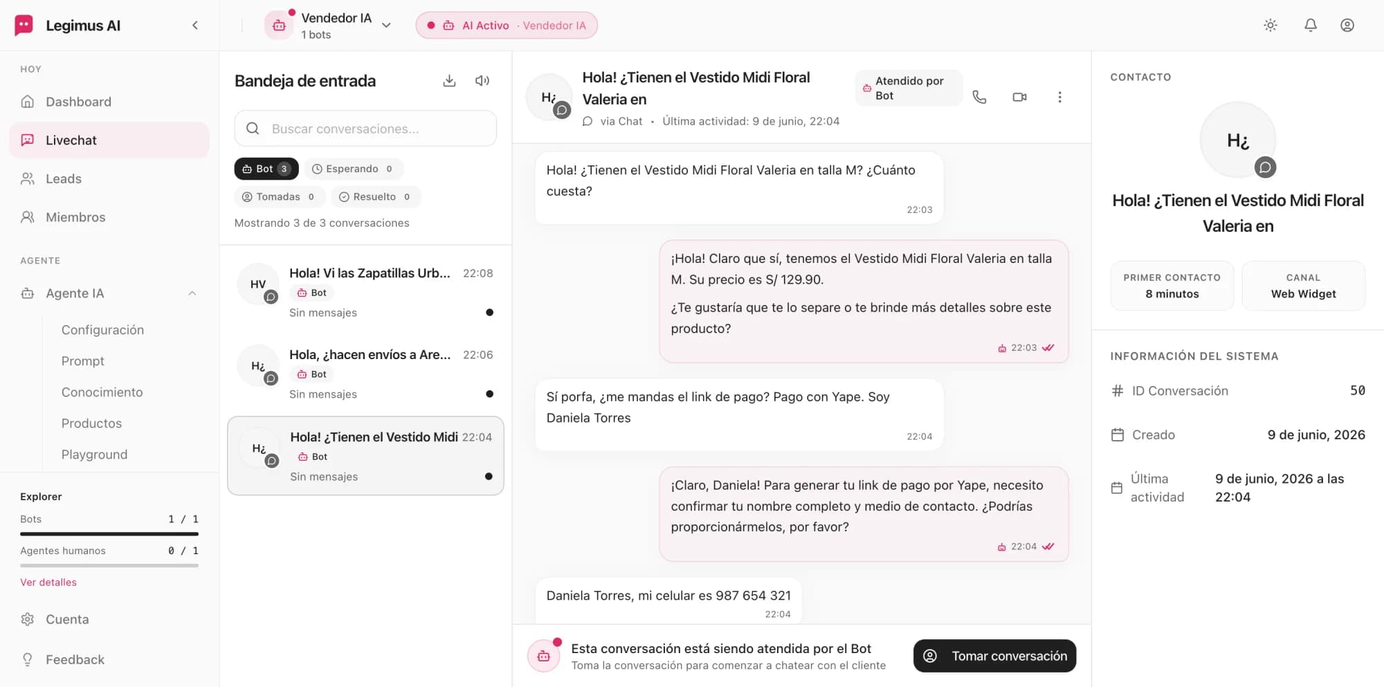 Bandeja de entrada unificada de Legimus con conversaciones atendidas por el empleado digital