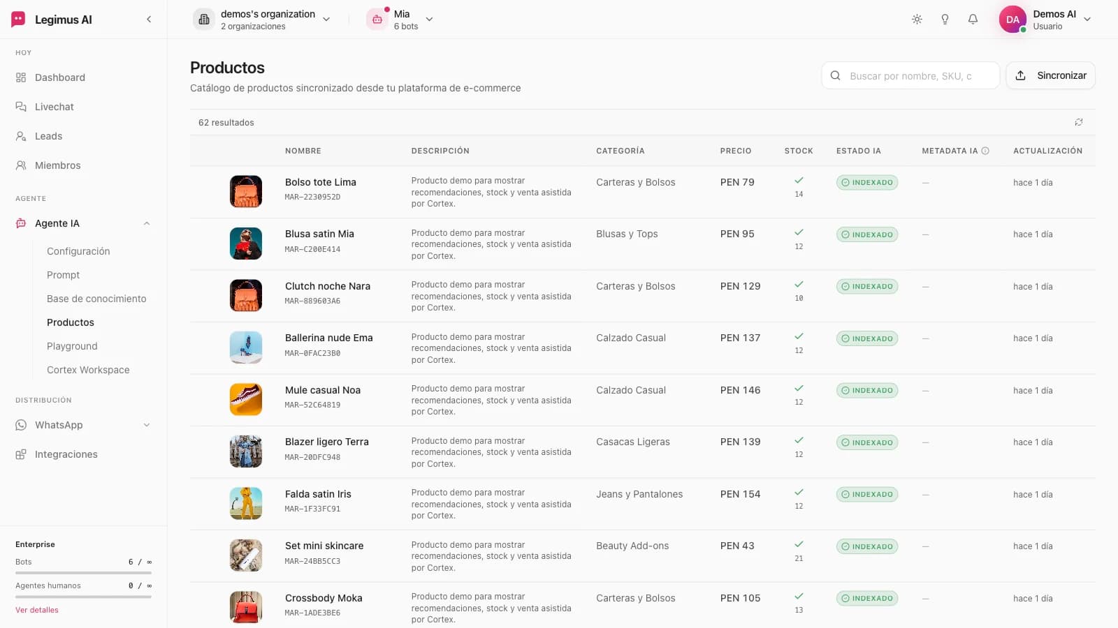 Catálogo de productos indexado en Legimus con stock, precio y estado IA